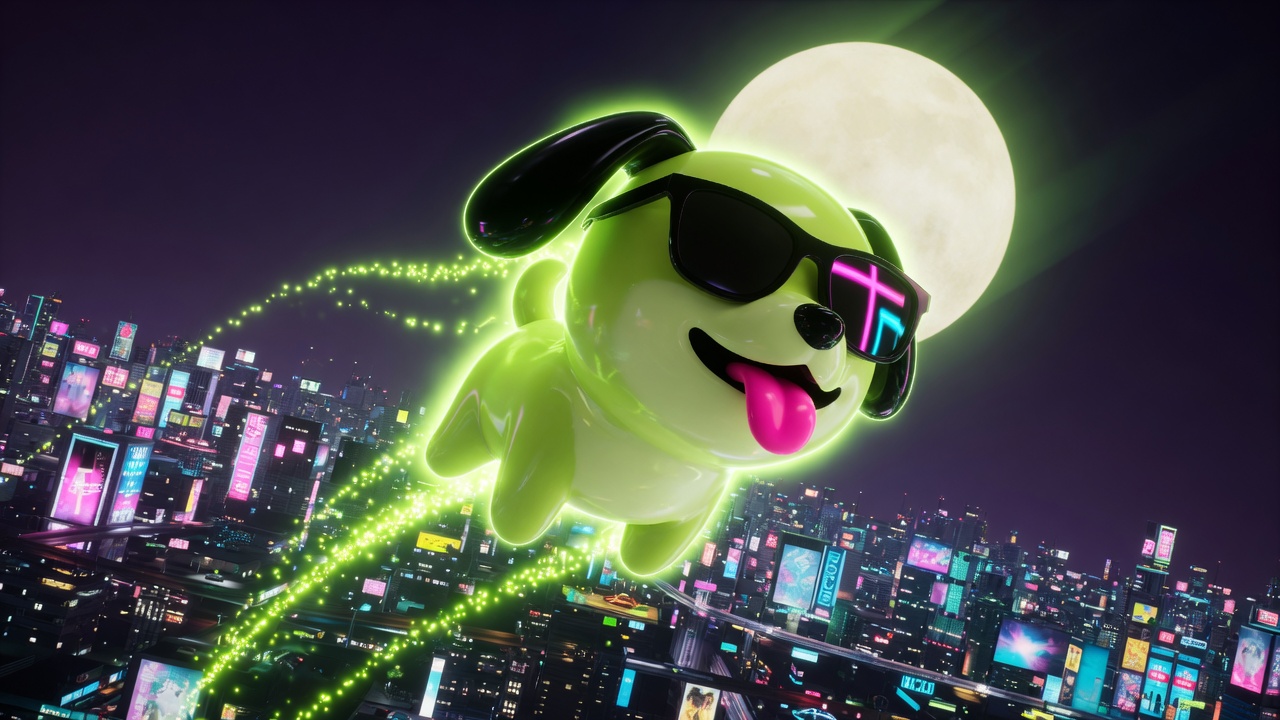 LPAD DOGE flying over the city toward the moon
